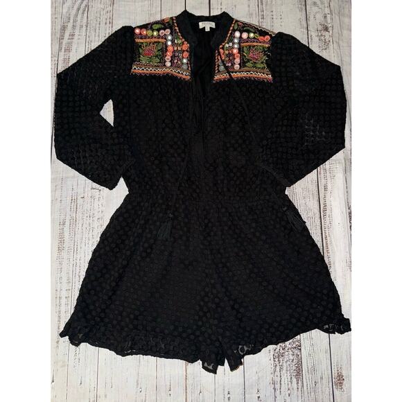 Harlyn Anthropologie Black Boho Embroidered Short Jumpsuit Size XL - Picture 1 of 7